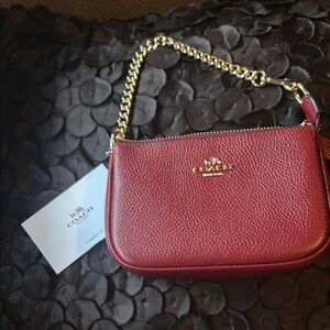 Coach Red Pebbled Leather Wristlet with Gold Chain